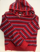 Tommy Jeans Women's Velour Striped Pullover Hoodie Medium Red