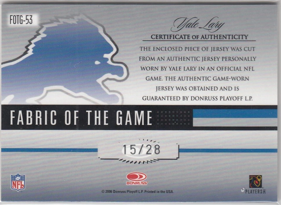 2006 Leaf Certified Materials Fabric of the Game Jersey Number Y. Lary /28*S269 - Photo 2/2