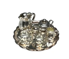 Dollhouse Miniature Silver Tea Service Tray Coffee Pot cup saucer cream sugar