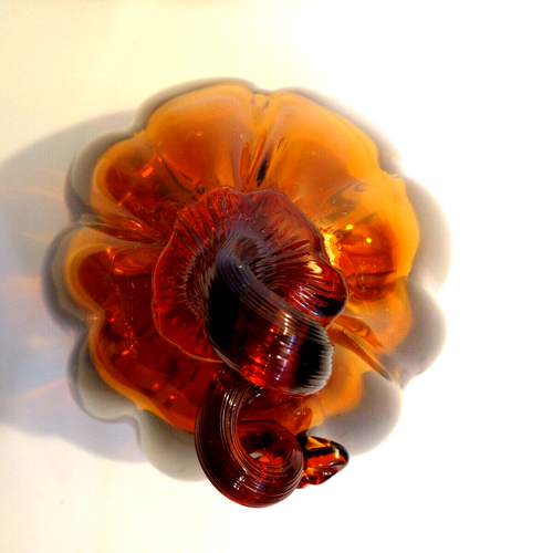 Murano Style Art Glass Pumpkin Amber Brown Swirls Curled Stem 7" - Picture 8 of 8