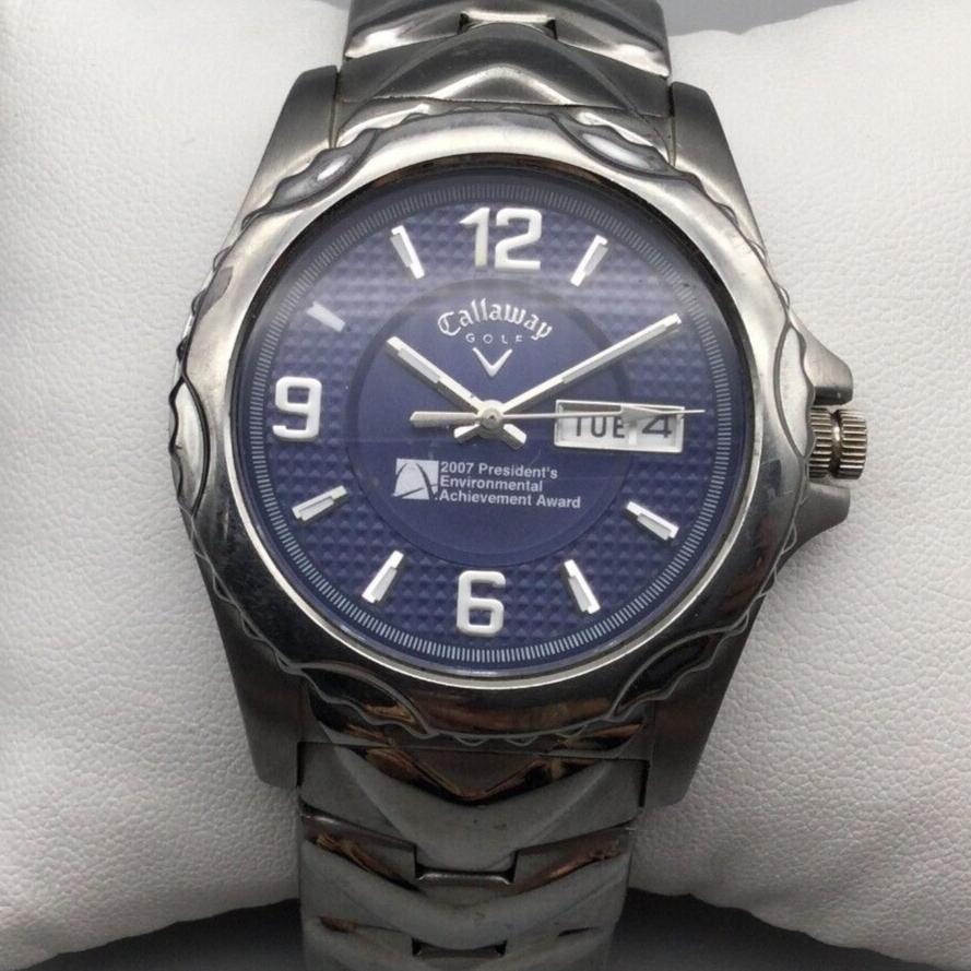 Callaway Golf Watch Men 40mm Silver Tone Date Blue Dial CY2058 New Battery  8