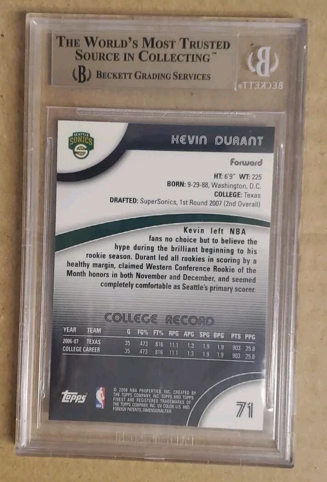 2007 08 Topps Finest Kevin Durant novato Seattle Supersonics BGS 9,5 Superstar Foto 3 de 3
