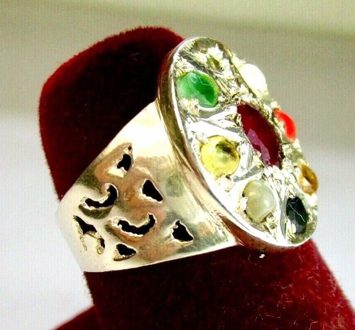 Hermoso anillo de plata de ley 925, 9 piedras preciosas/planeta, talla N - Imagen 2 de 4