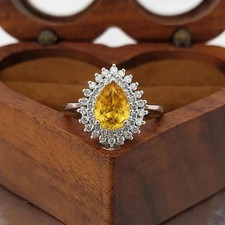 3.90 Ct Pear Cut Natural Yellow Sapphire & Diamond Wedding Ring 14K White Gold 6