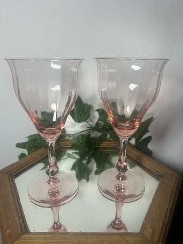 Pink Depression Glass Goblets Wine Glass Optic Panel - Set of 2 Mint Vintage