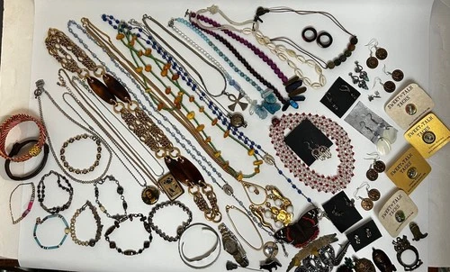 Lot Of 58 PCS Collection of Miscellaneous Vintage Costume Jewelry, Silver, Amber