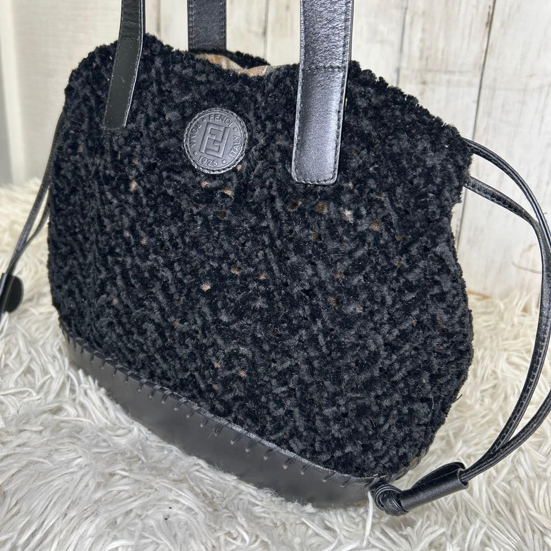 FENDI Drawstring Logo Pecans Shoulder Bag Tote Bag FF Black USED thumbnail 3