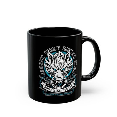 Cloudy Wolf Midgar Motor Black Mug (11oz, 15oz). Final Fantasy VII Video Game.