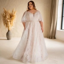 Customized Plus Size Wedding Dresses V Neck A Line Lace Bridal Gowns Sweep Train