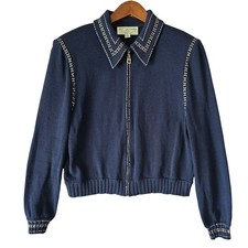 St John Collection Marie Gray Navy Blue Knit Zip Bomber Jacket Sz 12 AM01