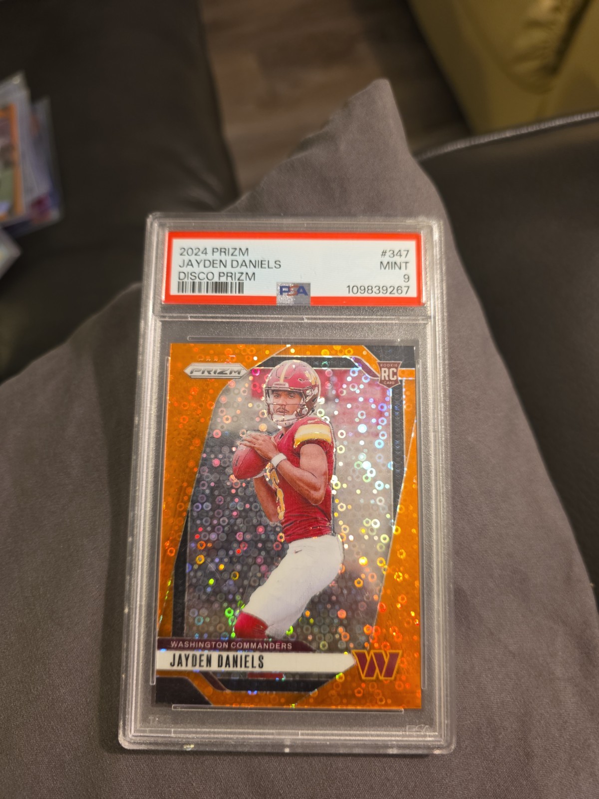 2024 Panini Prizm Jayden Daniels #347 Orange Disco Prizm RC PSA 9 view 1