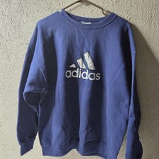 Vintage Adidas Sweatshirt Mens Blue Crewneck Fleece Spell Out Warm Up - Med