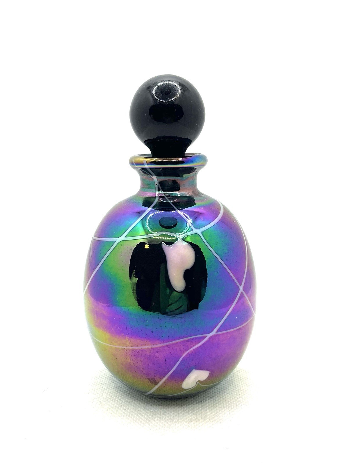 Vintage hanging hearts iridescent art glass perfume bottle with black stopper, vintage glassware