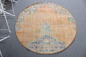 Vintage 4,3x4,3 ft Rug, Round Turkish Rug, Orange Blue Oriental Wool Rug