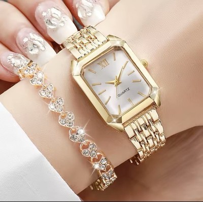 Women s Quartz Gold Tone Bracelet Rectangle Watch Analog Roman/Baton Dial