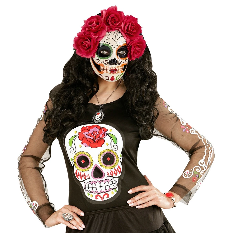Sugar Skull Maske mit Rosen La Catrina Skelett Todesmaske Halloween Totenkopf - Bild 3 von 3