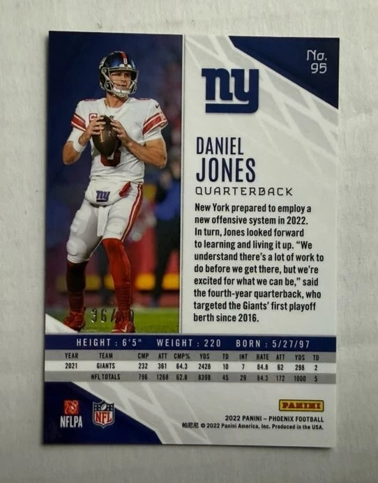 2022 PANINI PHOENIX DANIEL JONES 36/50 NY GIANTS FIRE & ICE LAZER CARD # 95 - Image 3 of 3
