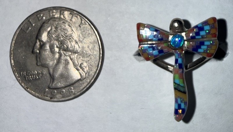 Silver Opal Inlay Dragonfly Ring Multicolor Statement Size 6