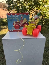 Vtg 1965 Fisher Price Jolly Jalopy w Circus Clown Wooden Pull Toy #724