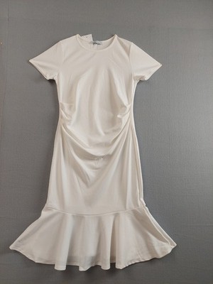 My Bump Women Dress M Off White Short Sleeve Elegant Midi Ruched Front Flowy