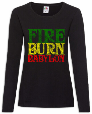 Fire Burn Babylon Damen Langarm T-Shirt Rasta Reggae Jamaika Afrika Rastafari