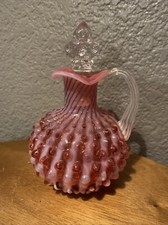 Vintage Fenton Cranberry Opalescent Swirl Hobnail Cruet Clear Stopper & Handle