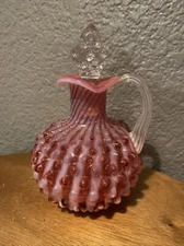 Vintage Fenton Cranberry Opalescent Swirl Hobnail Cruet Clear Stopper & Handle