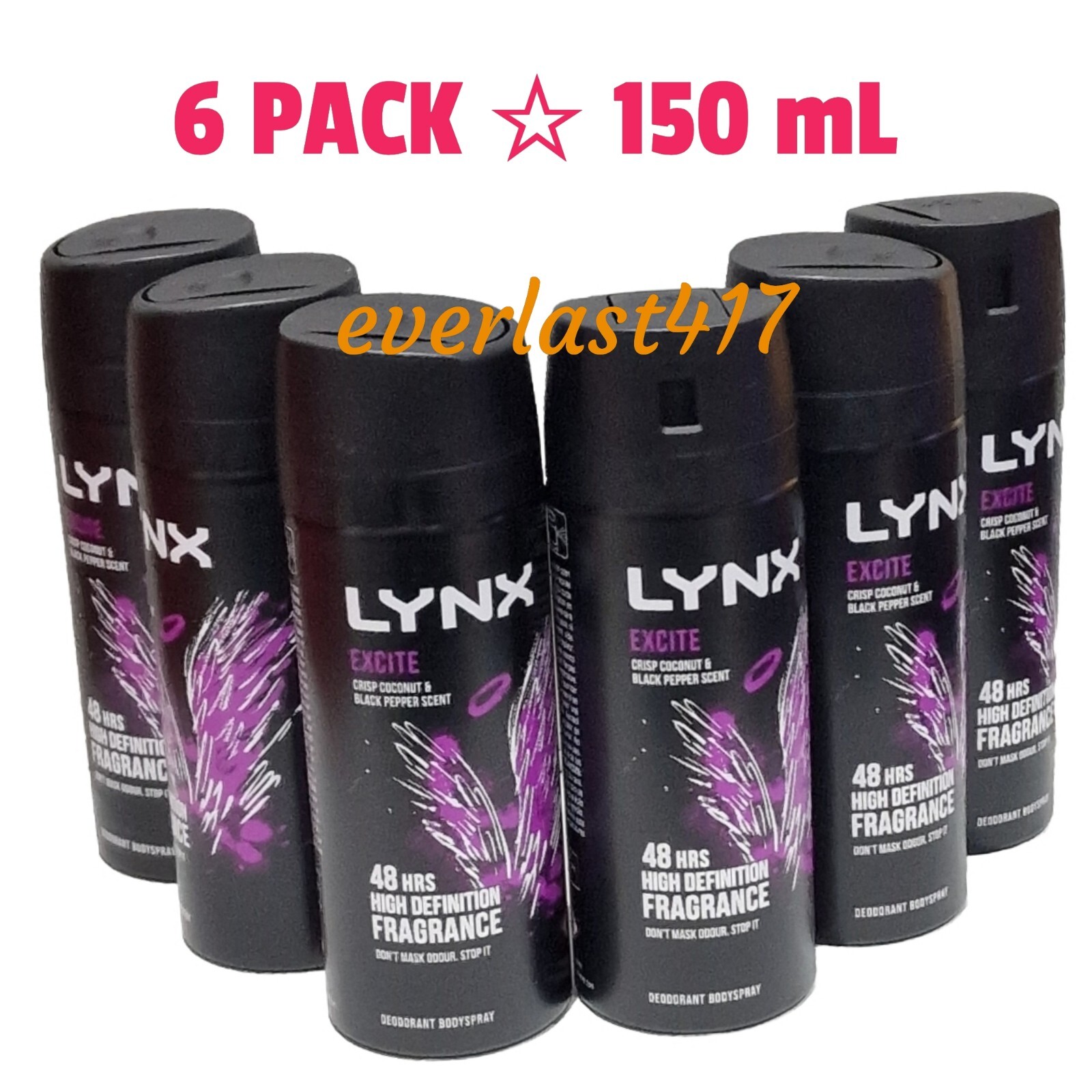 LYNX Excite Deodorant Body Spray 150ml 48H High Definition Fragrance 6 Pack