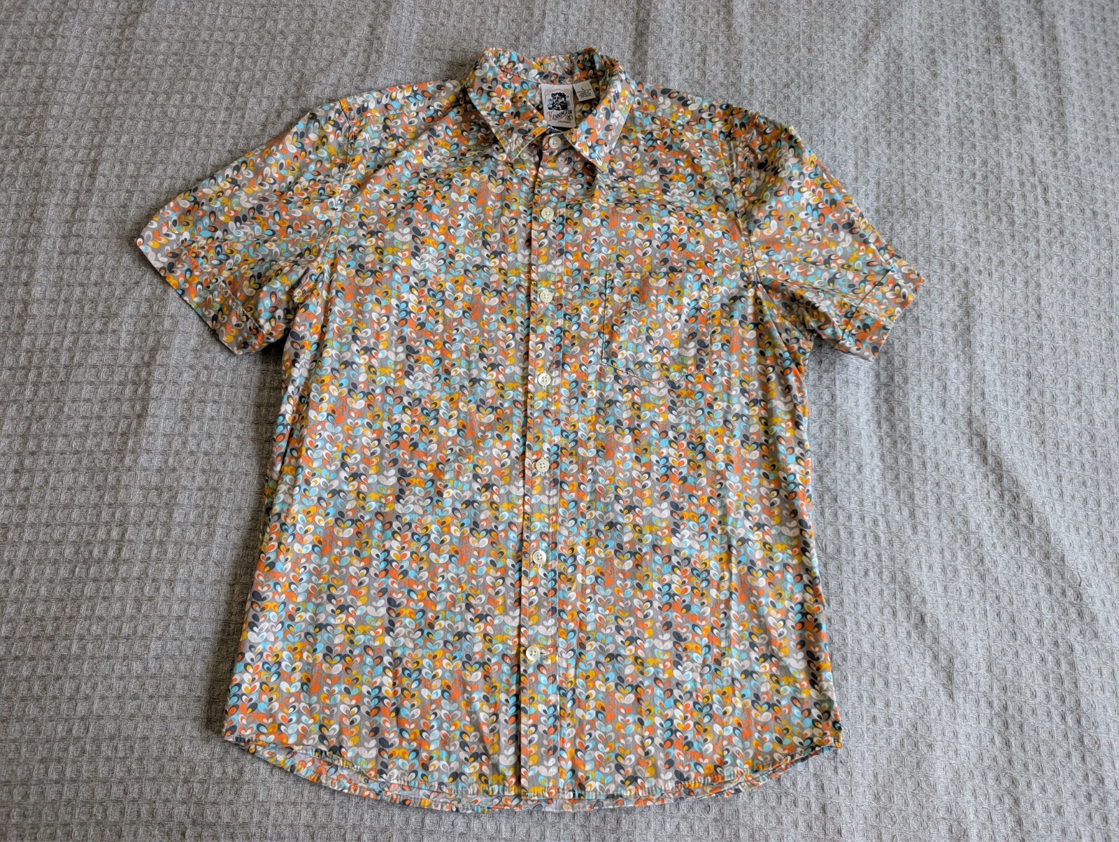 Kennington Adult Large Short Sleeve Button Up Shirt Orange Blue Abstract Print