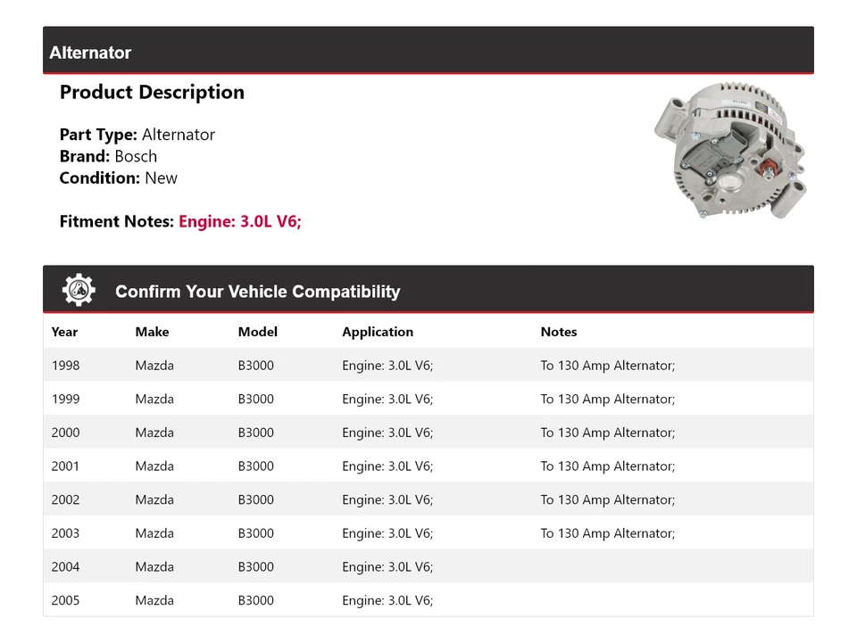For 1998-2005 Mazda B3000 3.0L V6 Bosch Alternator (New) 1999 2000 2001 2002 - Image 2 of 4