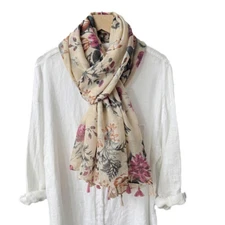 Womens Purple Beige Floral Tasseled Scarf Soft Spring Pashmina Shawl Stole Wrap