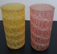 Set of 2 50s Rubber Spaghetti String Glass Tumbler MCM Beverage Cup 12oz Vintage