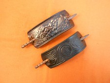 2 Leather Hair Barrettes w Sticks, Ponytail, Eagle Designs, Hand Crafted 335