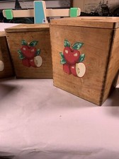 VINTAGE WOODEN CANISTER SET APPLES LOGO ON 3 AND T7L STICKER ON SMALLEST