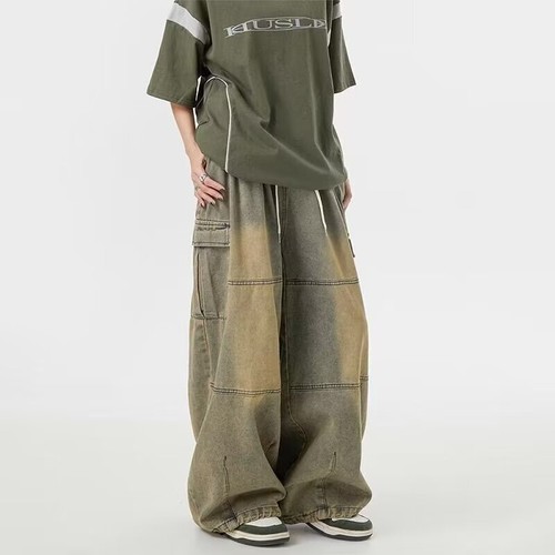 Women Men Retro Jeans Denim Cargo Pants Wide-Leg Baggy Trousers Hip-Hop Unisex - Picture 1 of 9