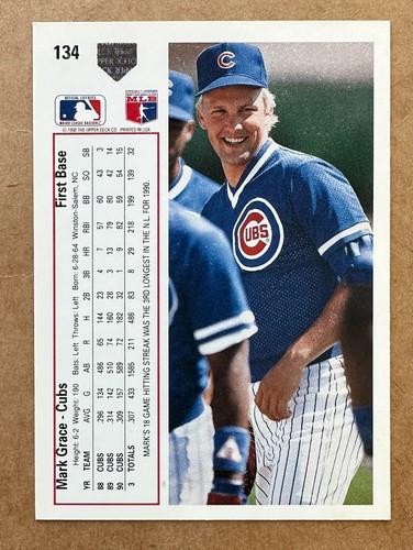 1991 Upper Deck Mark Grace #134 Chicago Cubs (4x Gold Glove/3x All-Star) - Bild 16 von 16