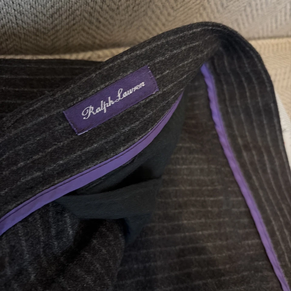 Raro Ralph Lauren Púrpura Etiqueta Gris Pin Rayas 5 Bolsillos Pantalones Talla 36 X 31 Foto 3 de 4
