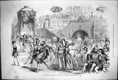 Alte Druckszene Babes in Holz Covent Gartentheater Karneval Drache 1875 19.