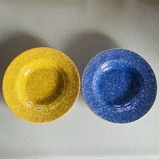 Set of 2 OVER and BACK Sponge-Ware 10.5” Pasta Bowls Blue Yellow~Made in Italy