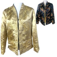 Vintage Chinese Sz L Style Gold Silky Reversible Jacket Floral Embroidered Retro