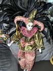 LG Vintage Hand Painted Porcelain Jester Harlequin Doll Mardi Gras With Feathers