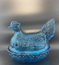 Vintage L.E. Smith Capri Blue Glass Hen On Nest Covered Dish 6" Basketweave Read