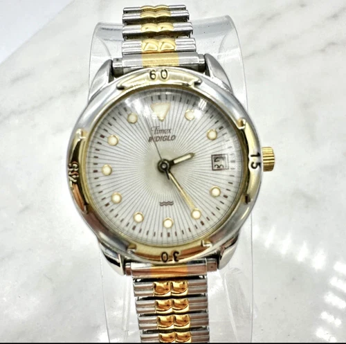Vintage Timex Indiglo F5 Date St Steel Womens Wrist Watch Two Tone - New Battery