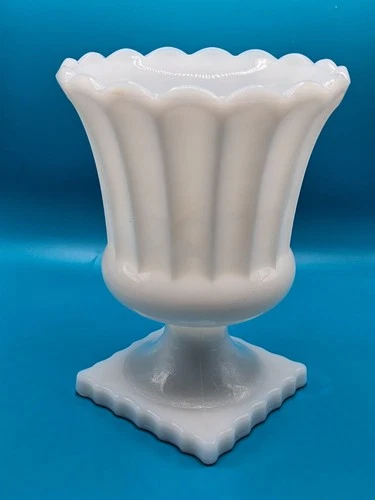 Vintage 1960's Milk Glass 6" Fluted Pedestal Vase - Scalloped Rim & Square Base