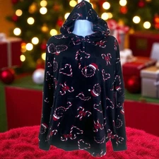 NWT No Boundaries NOBO Black Red Candy Cane Print Velour Pullover Hoodie 11-13