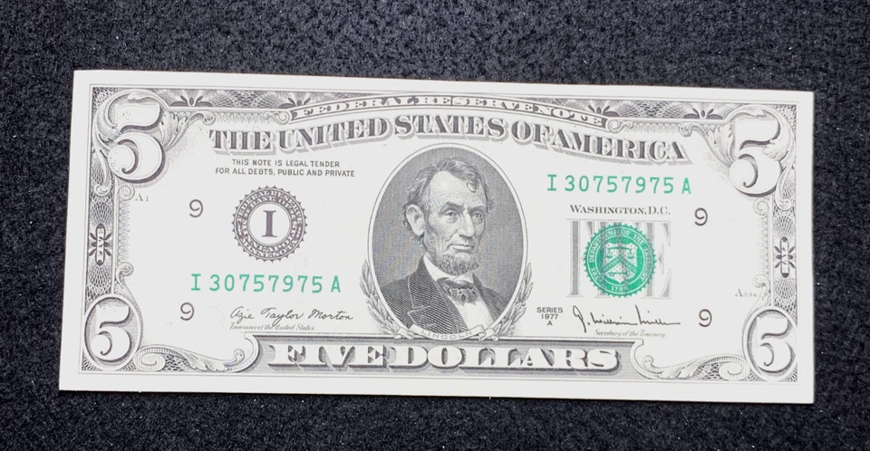 1977A Five Dollar $5.00 Bill Crisp w Alignment Error S/N I30757975A Estate Find - Image 3 of 4