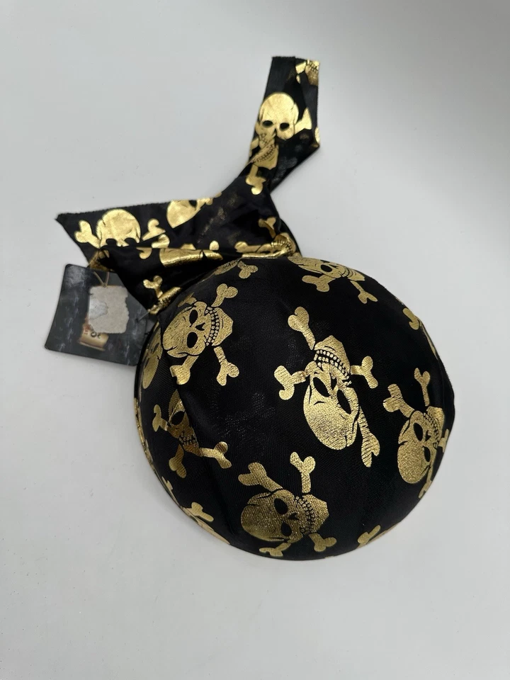 Sombrero Bandana Pirata Calavera y Huesos Cruzados Negro y Dorado Foto 2 de 4
