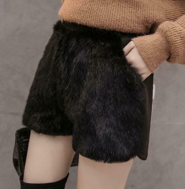 【COLOR iN ID】Fluffy lace fur shorts Women Thicken Fur Shorts Solid Formal Party Casual Warm