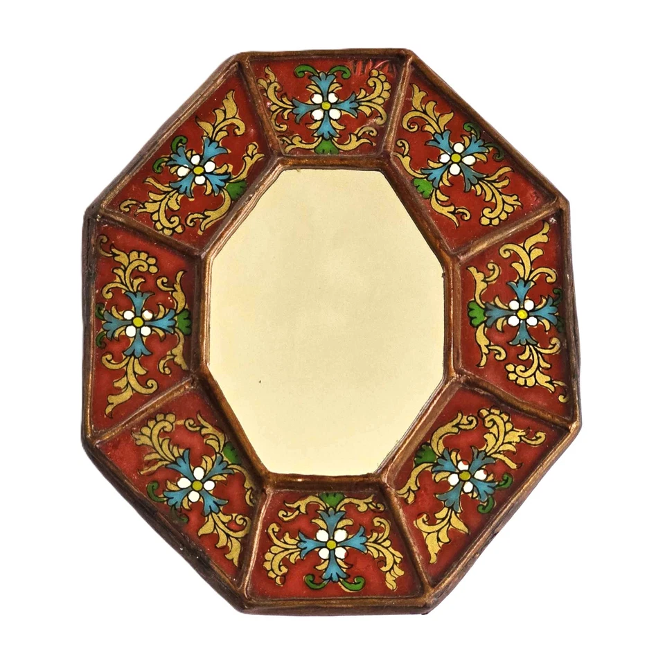Peruvian Wall Mirror Octagonal Wood Frame Reverse Glass Painting Made Peru - Image 2 of 4