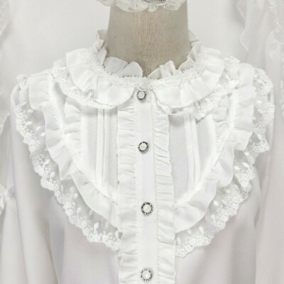 Damen Mädchen Spitze Rüschen Hemd Bluse Lolita Süß Top Viktorianisch Retro Weiss